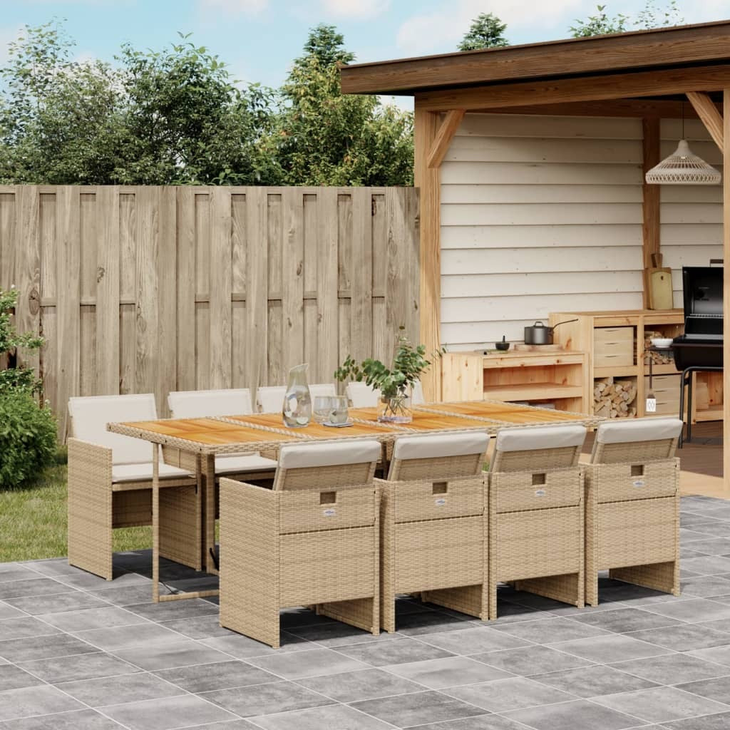 9 Piece Patio Dining Set with Cushions Beige Poly Rattan