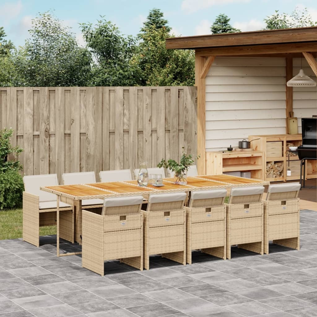 11 Piece Patio Dining Set with Cushions Beige Poly Rattan