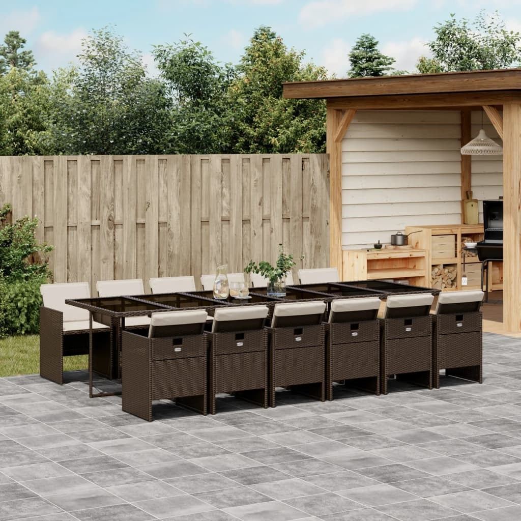 13 Piece Patio Dining Set with Cushions Brown Poly Rattan