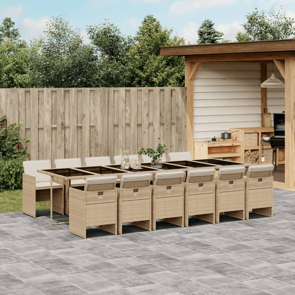 13 Piece Patio Dining Set with Cushions Beige Poly Rattan