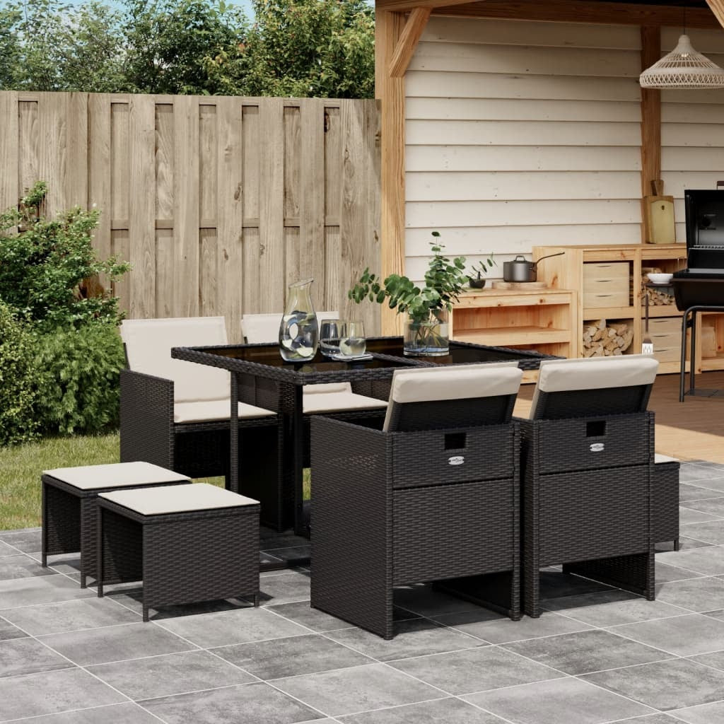 9 Piece Patio Dining Set with Cushions Black Poly Rattan
