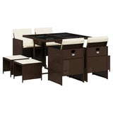 9 Piece Patio Dining Set with Cushions Brown Poly Rattan