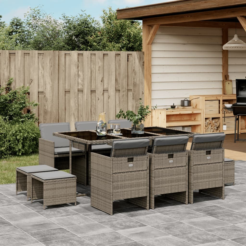 11 Piece Patio Dining Set with Cushions Gray Poly Rattan