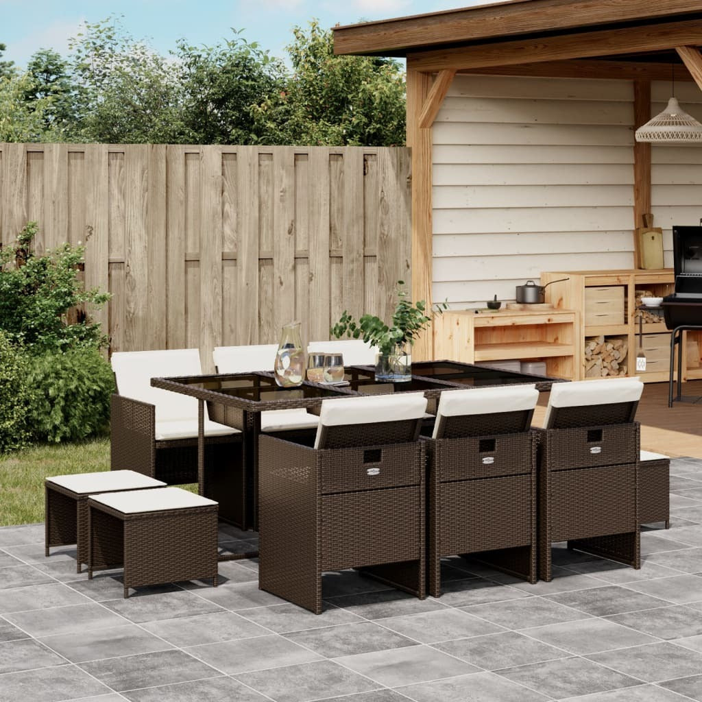 11 Piece Patio Dining Set with Cushions Brown Poly Rattan