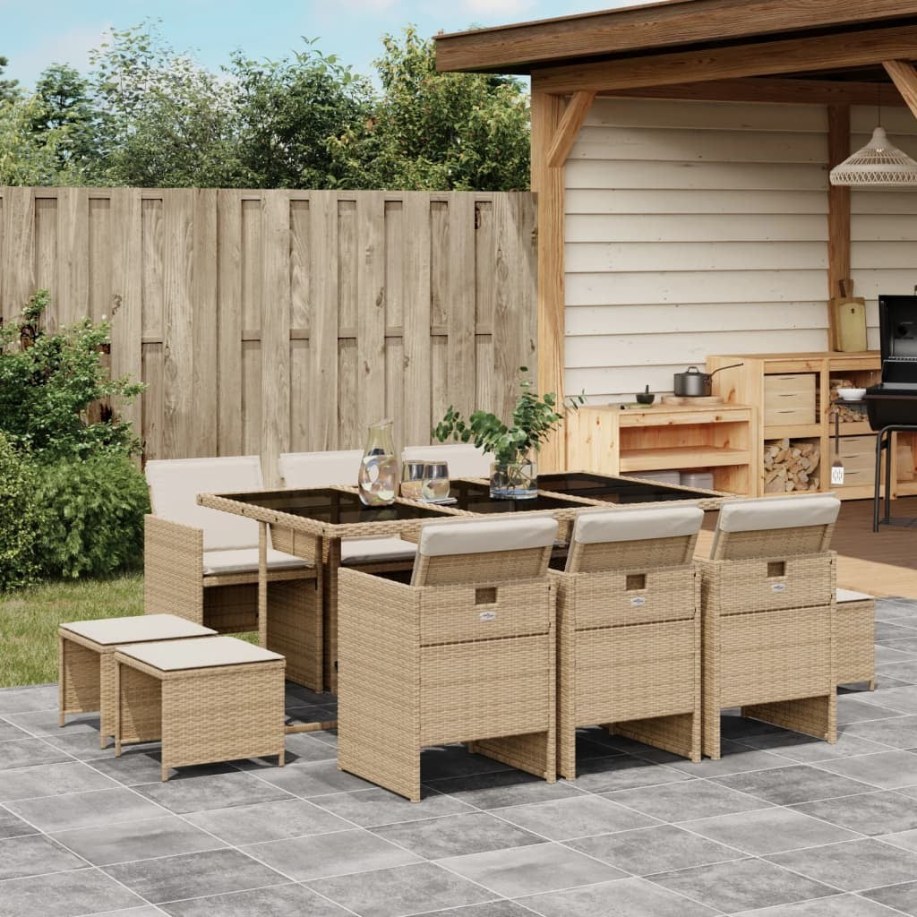 11 Piece Patio Dining Set with Cushions Beige Poly Rattan