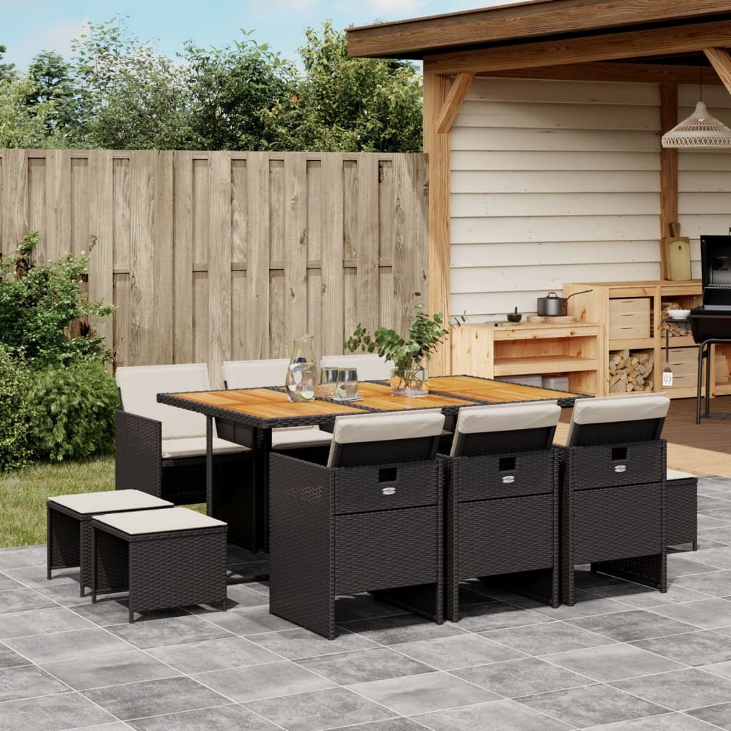 11 Piece Patio Dining Set with Cushions Black Poly Rattan