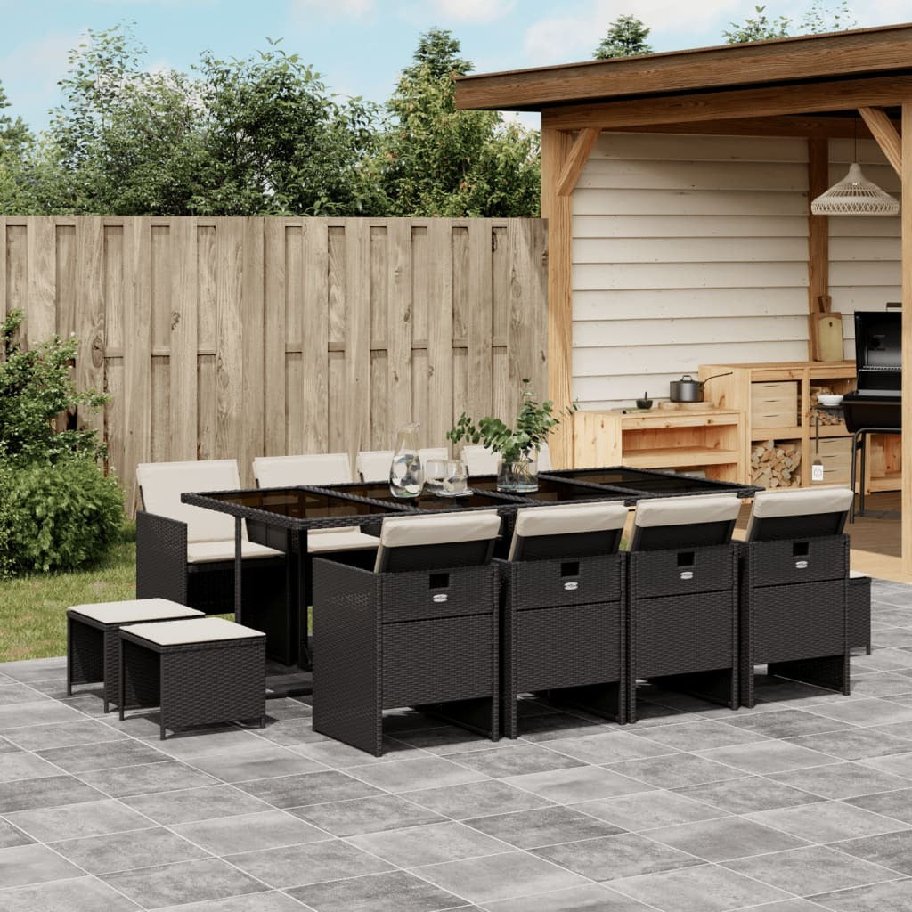 13 Piece Patio Dining Set with Cushions Black Poly Rattan