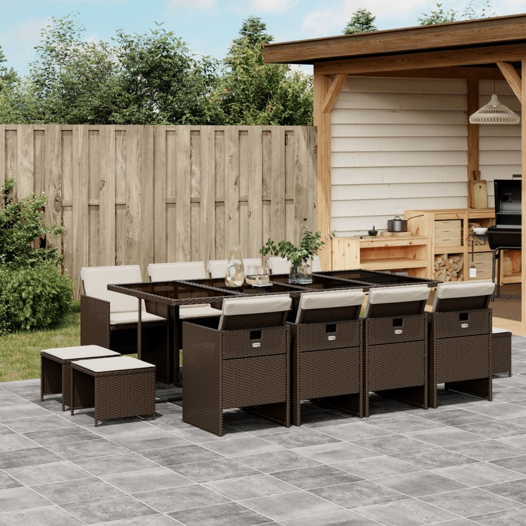 13 Piece Patio Dining Set with Cushions Brown Poly Rattan