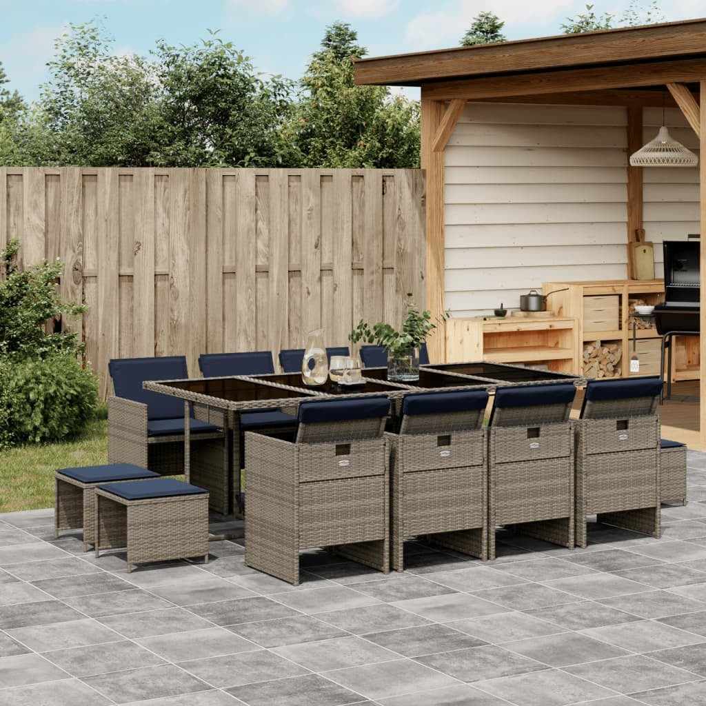 13 Piece Garden Dining Set with Cushions Grey Poly Rattan