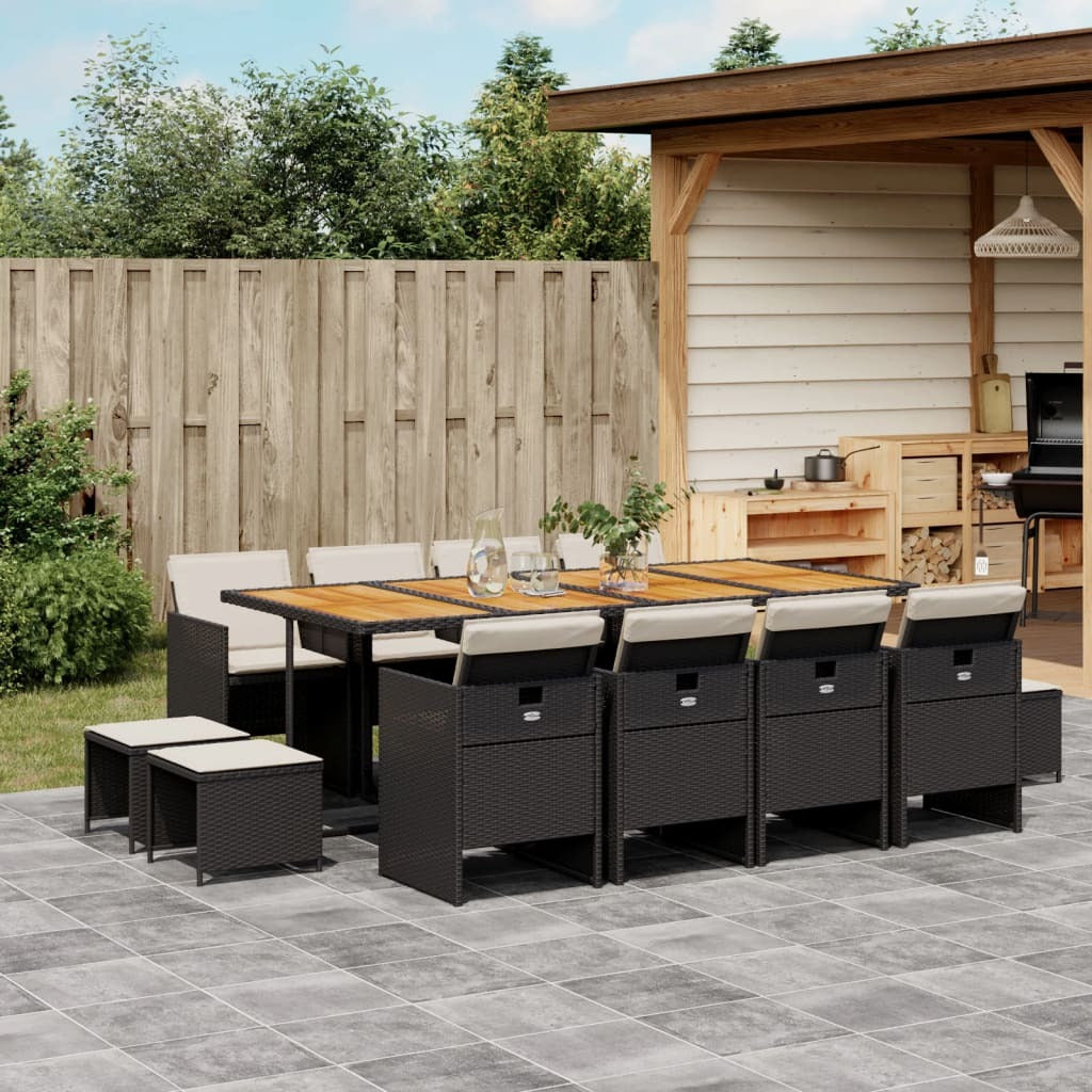 13 Piece Patio Dining Set with Cushions Black Poly Rattan