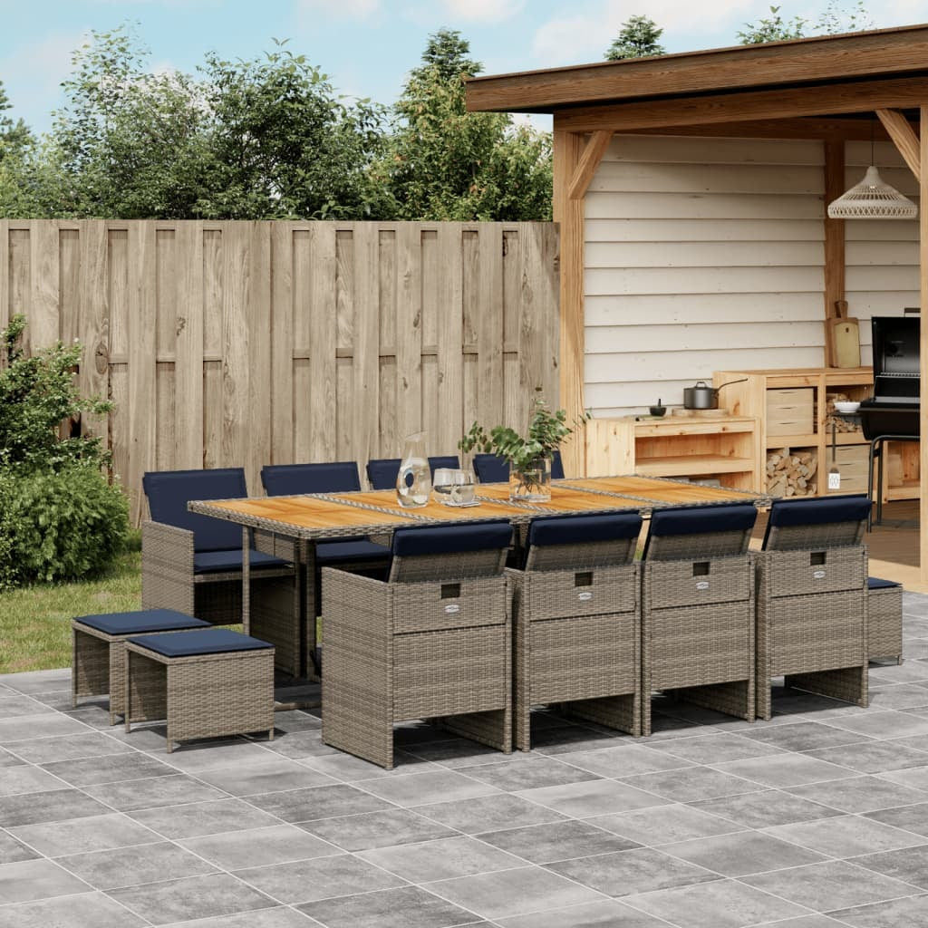 13 Piece Garden Dining Set with Cushions Grey Poly Rattan
