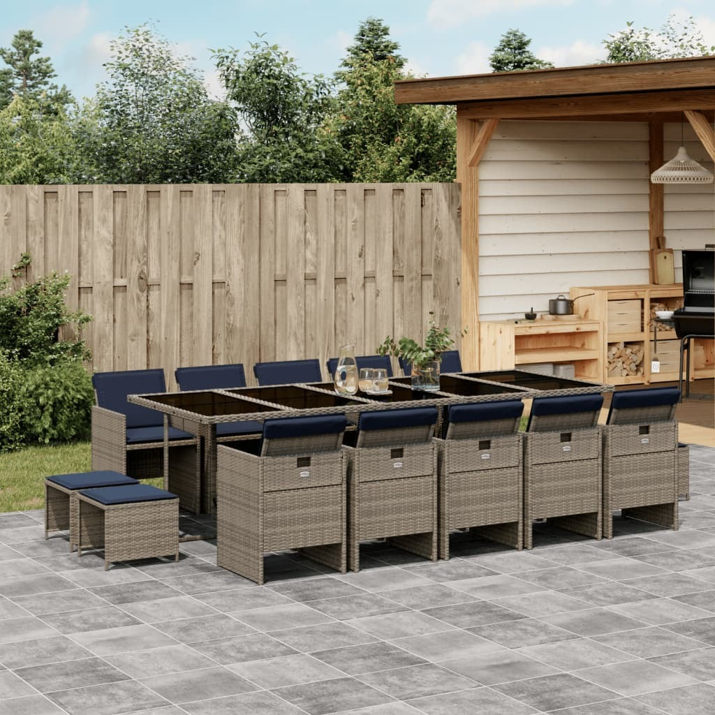 15 Piece Garden Dining Set with Cushions Grey Poly Rattan