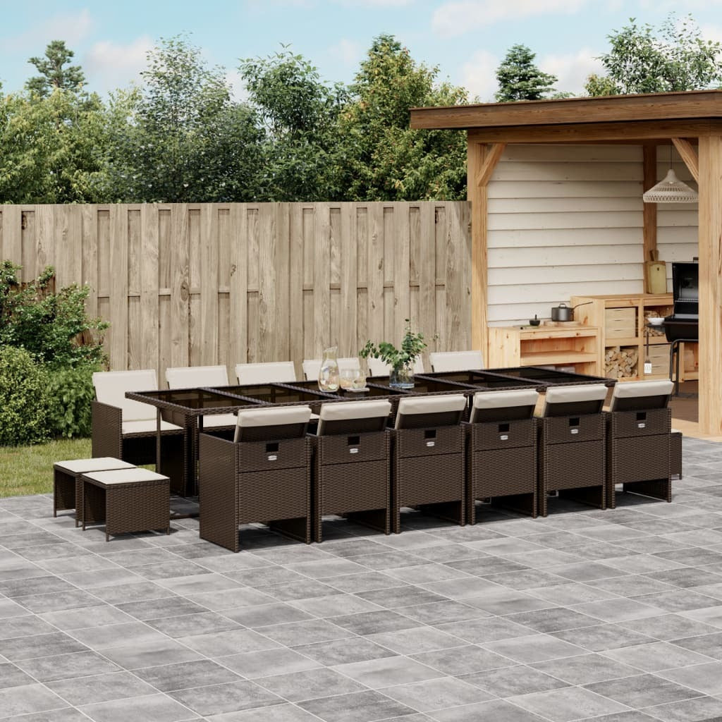 17 Piece Patio Dining Set with Cushions Brown Poly Rattan