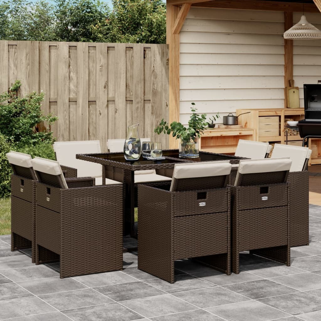 9 Piece Patio Dining Set with Cushions Brown Poly Rattan