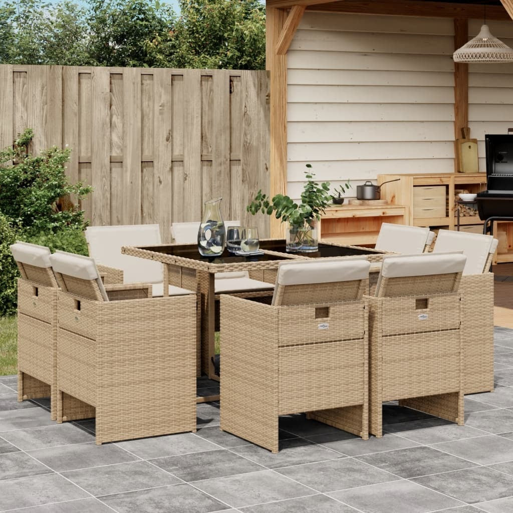 9 Piece Patio Dining Set with Cushions Beige Poly Rattan
