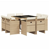 9 Piece Patio Dining Set with Cushions Beige Poly Rattan