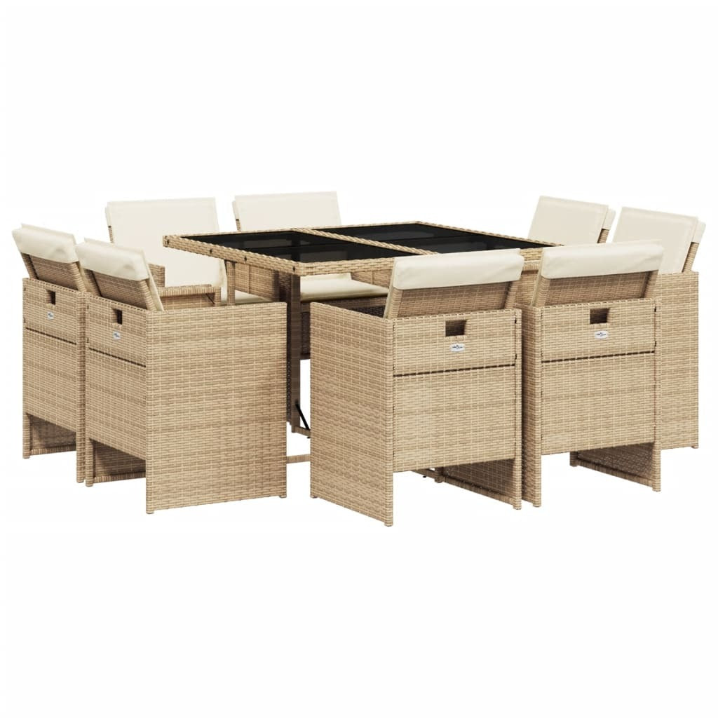 9 Piece Patio Dining Set with Cushions Beige Poly Rattan