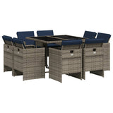 9 Piece Garden Dining Set with Cushions Grey Poly Rattan