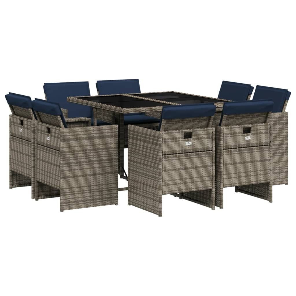 9 Piece Garden Dining Set with Cushions Grey Poly Rattan