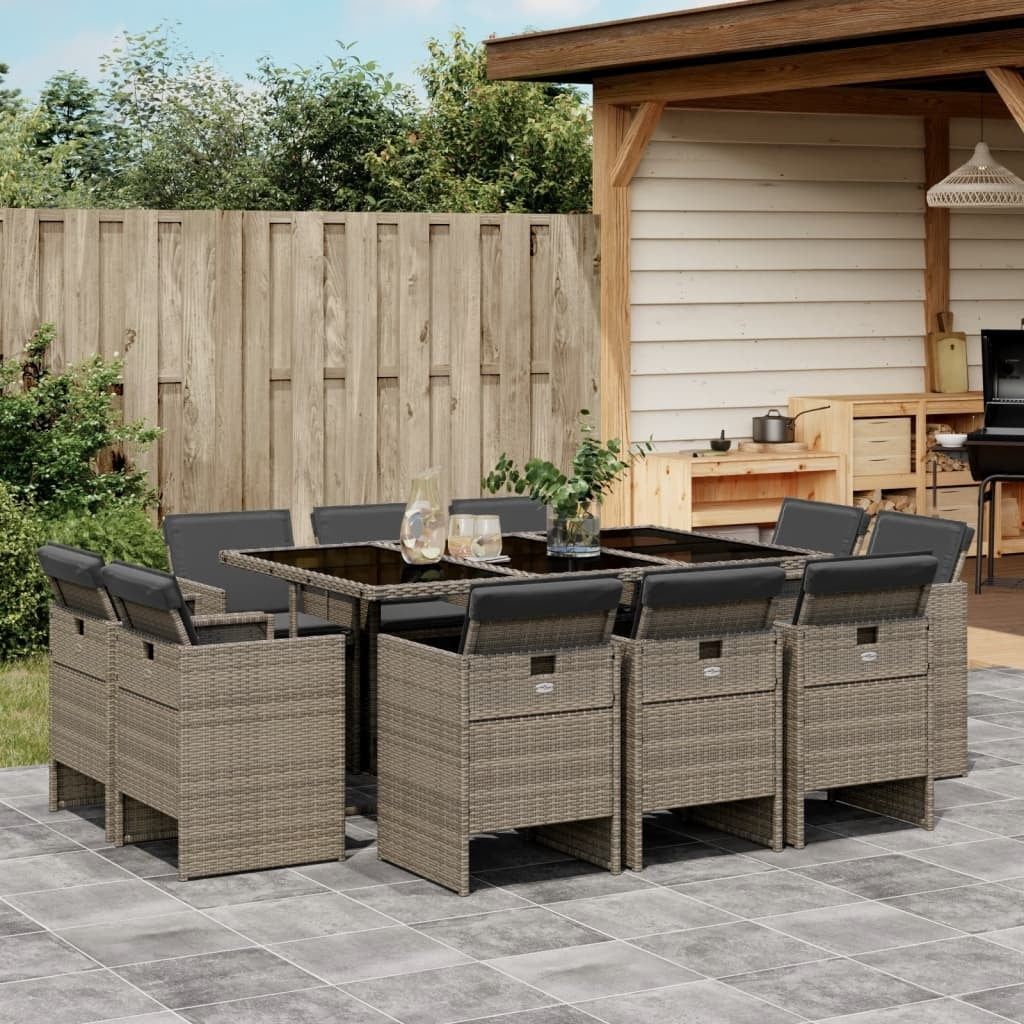 11 Piece Patio Dining Set with Cushions Gray Poly Rattan