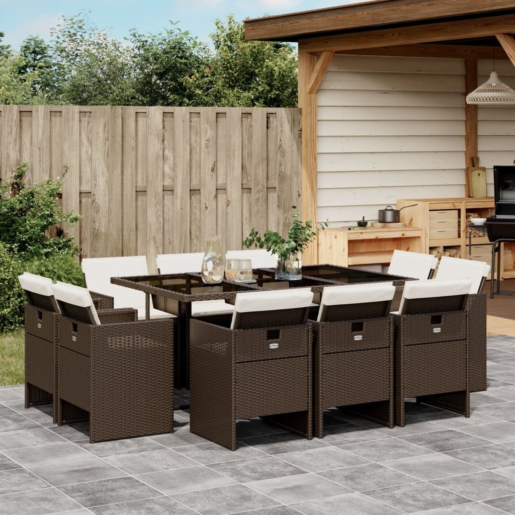 11 Piece Patio Dining Set with Cushions Brown Poly Rattan