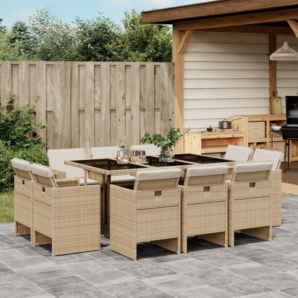 11 Piece Patio Dining Set with Cushions Beige Poly Rattan