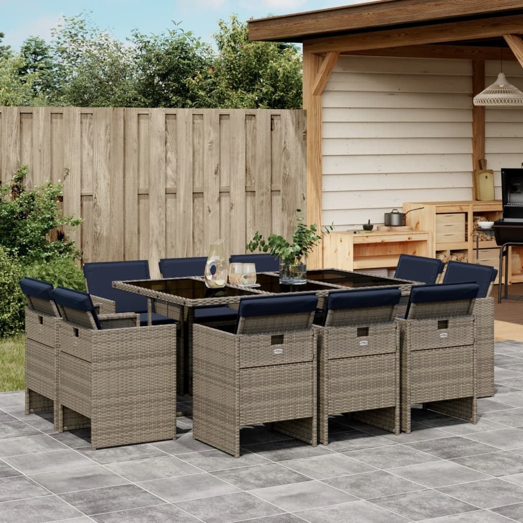 11 Piece Garden Dining Set with Cushions Grey Poly Rattan