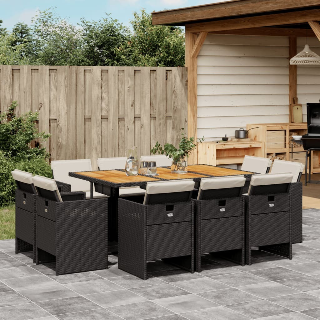 11 Piece Patio Dining Set with Cushions Black Poly Rattan