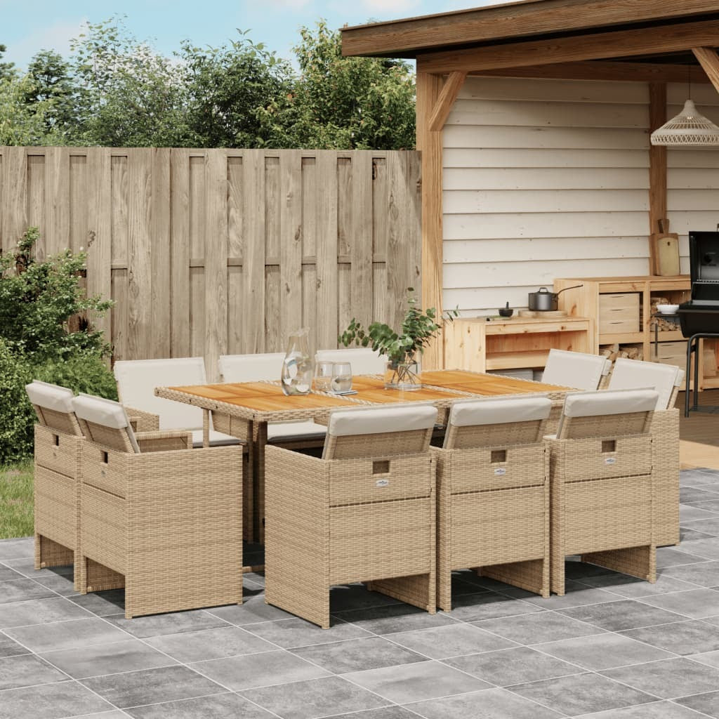 11 Piece Patio Dining Set with Cushions Beige Poly Rattan