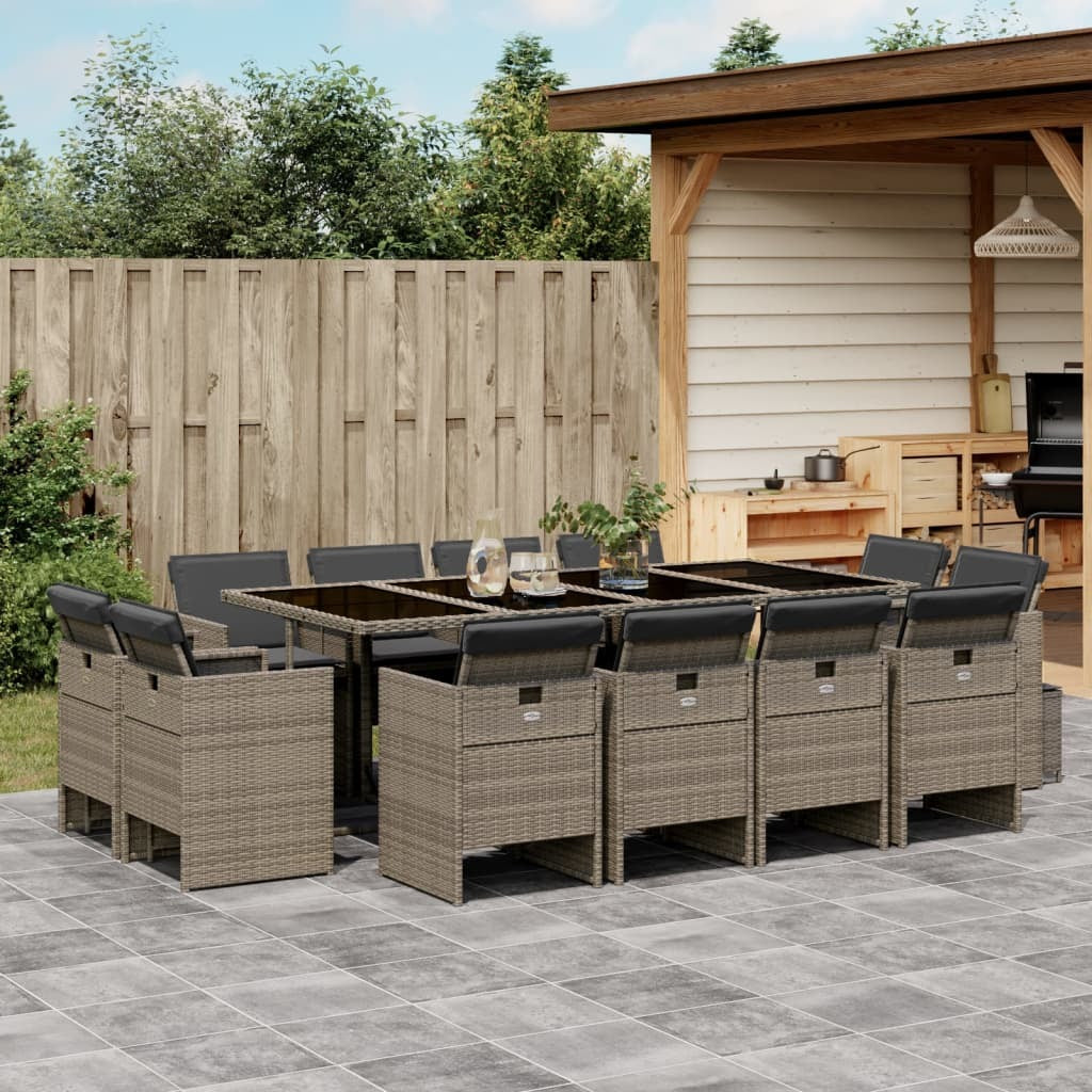 13 Piece Patio Dining Set with Cushions Gray Poly Rattan