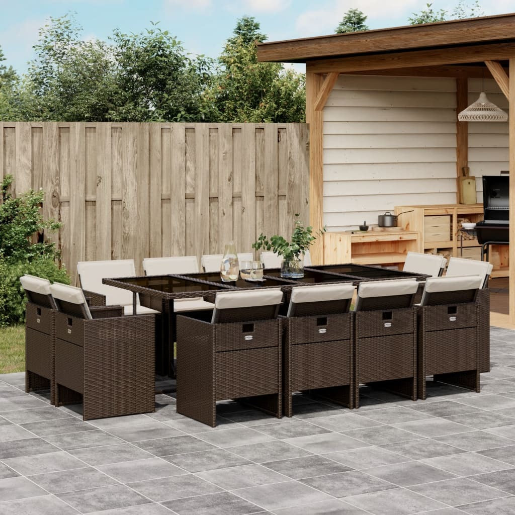 13 Piece Patio Dining Set with Cushions Brown Poly Rattan
