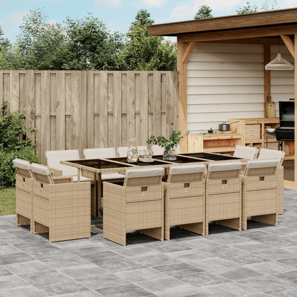 13 Piece Patio Dining Set with Cushions Beige Poly Rattan