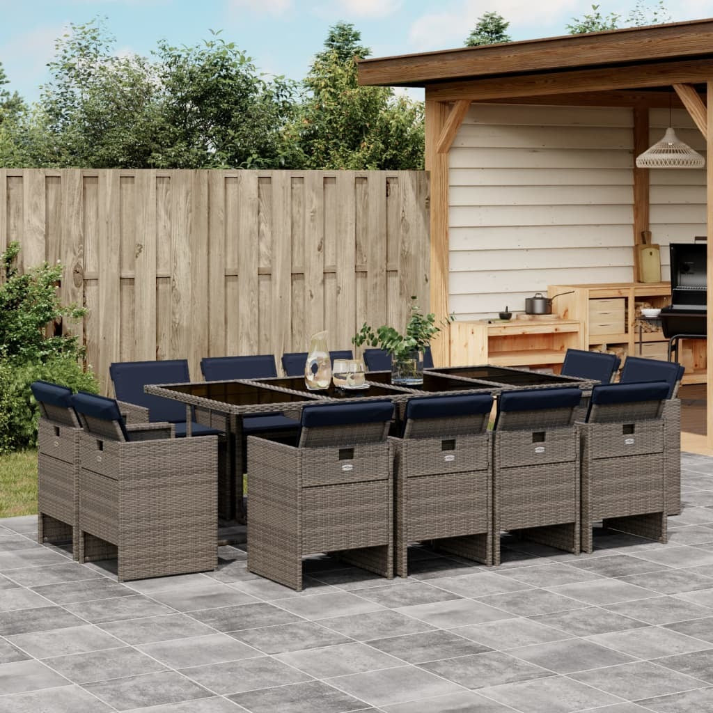 13 Piece Garden Dining Set with Cushions Grey Poly Rattan