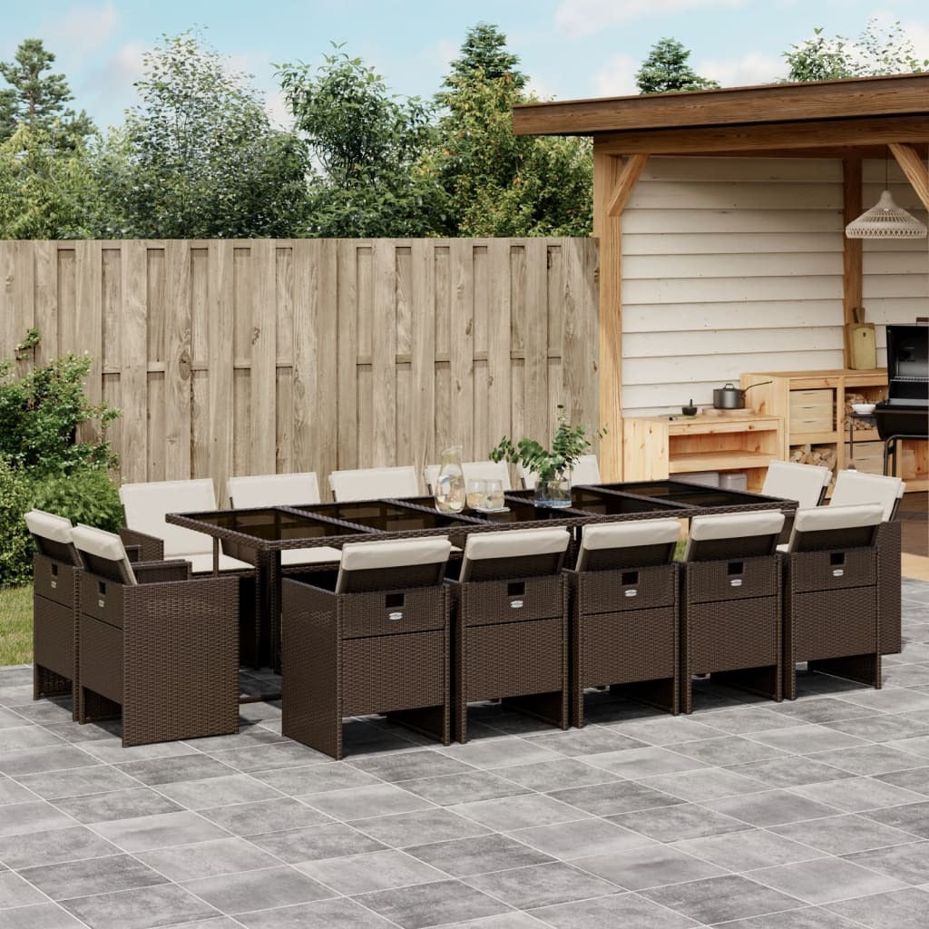 15 Piece Patio Dining Set with Cushions Brown Poly Rattan