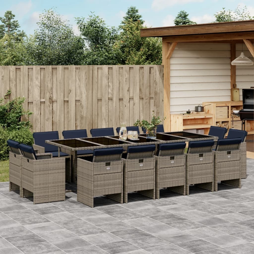 15 Piece Garden Dining Set with Cushions Grey Poly Rattan