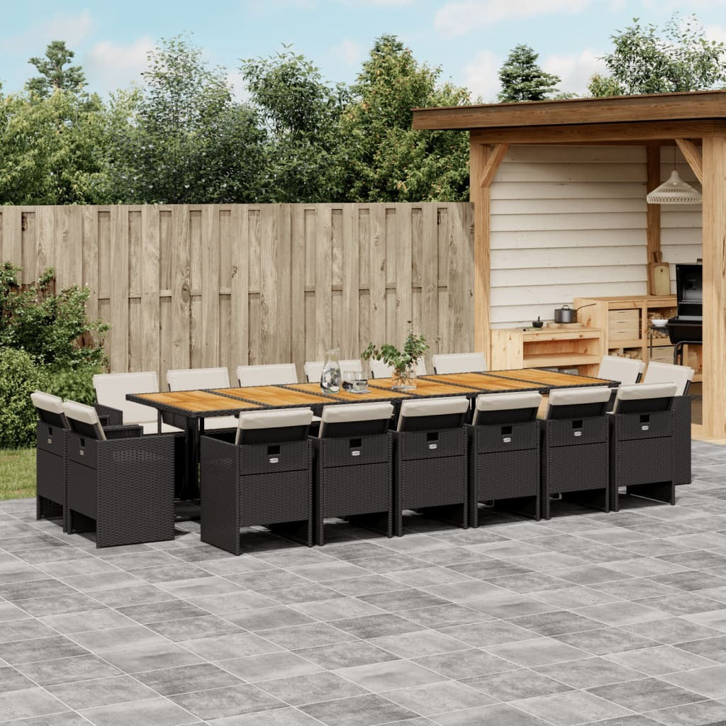 17 Piece Patio Dining Set with Cushions Black Poly Rattan
