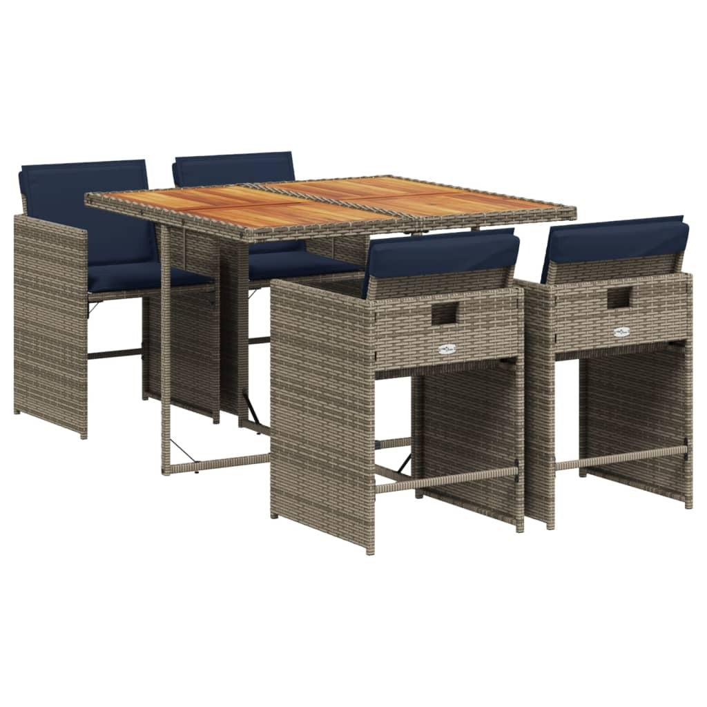 5 Piece Garden Dining Set with Cushions Grey Poly Rattan