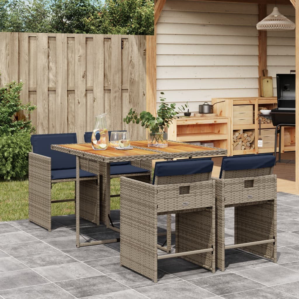 5 Piece Garden Dining Set with Cushions Grey Poly Rattan