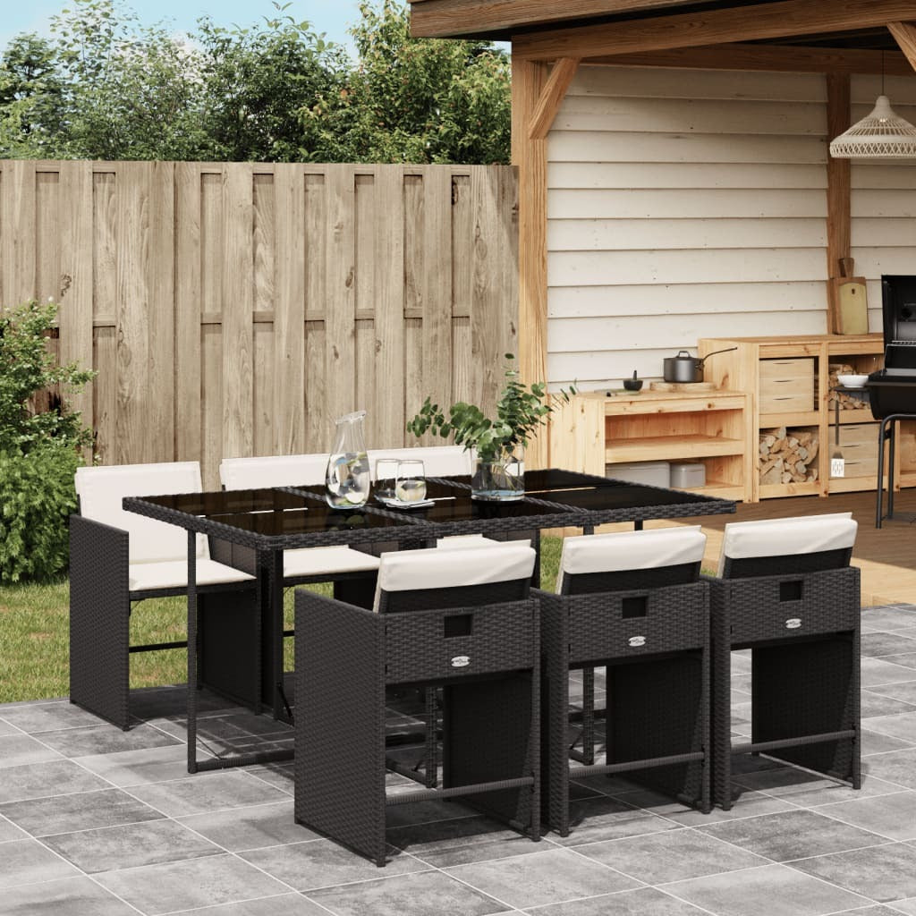 7 Piece Patio Dining Set with Cushions Black Poly Rattan
