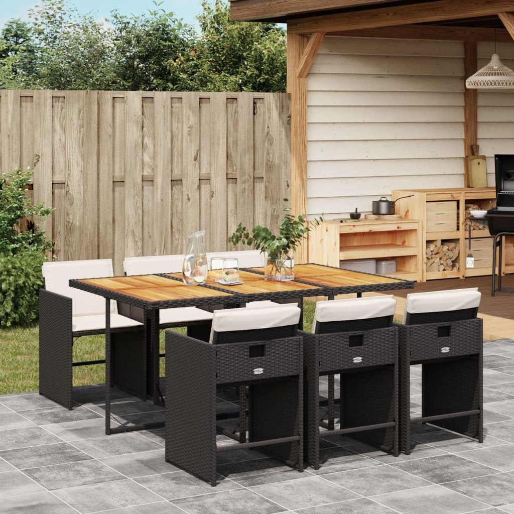 7 Piece Patio Dining Set with Cushions Black Poly Rattan