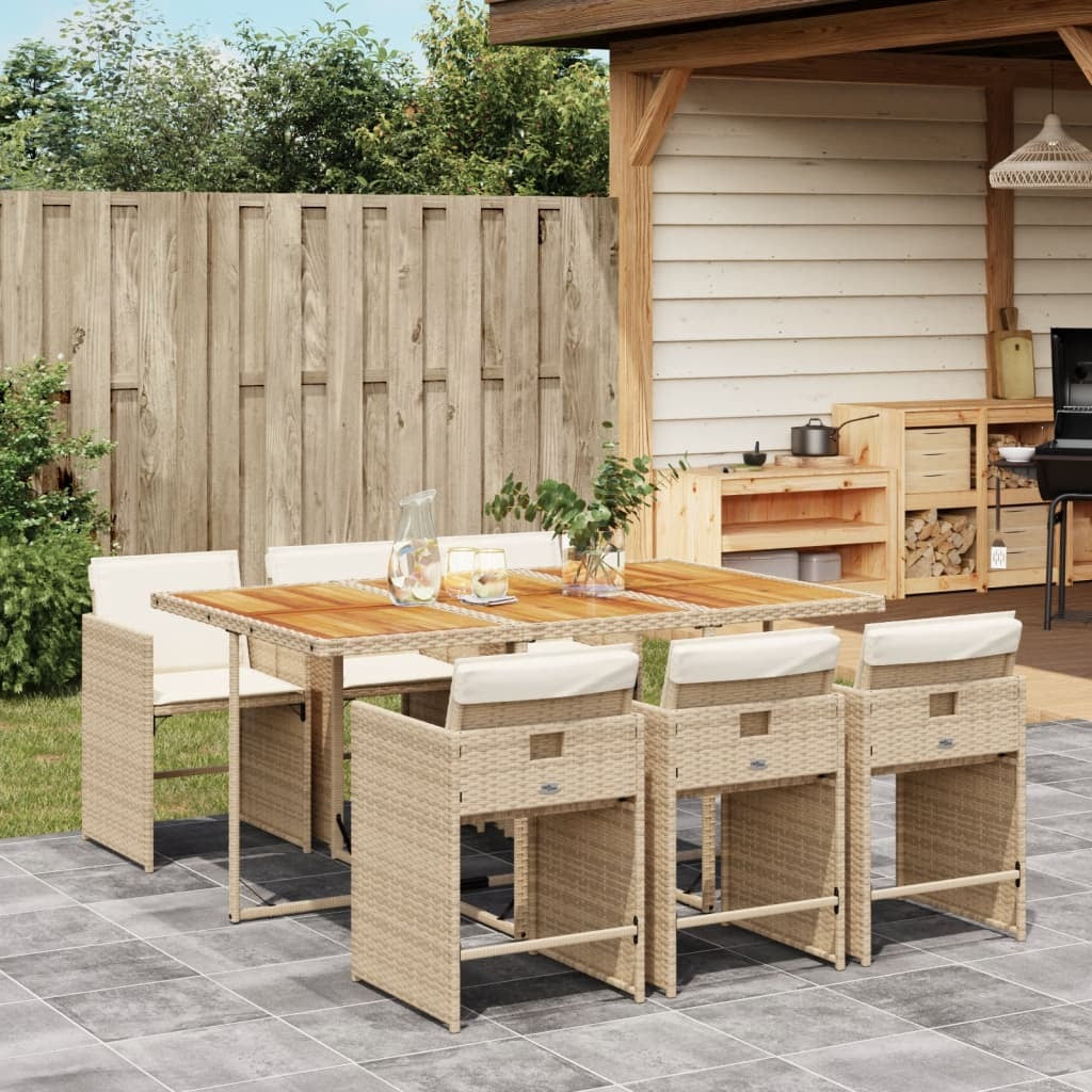 7 Piece Patio Dining Set with Cushions Beige Poly Rattan