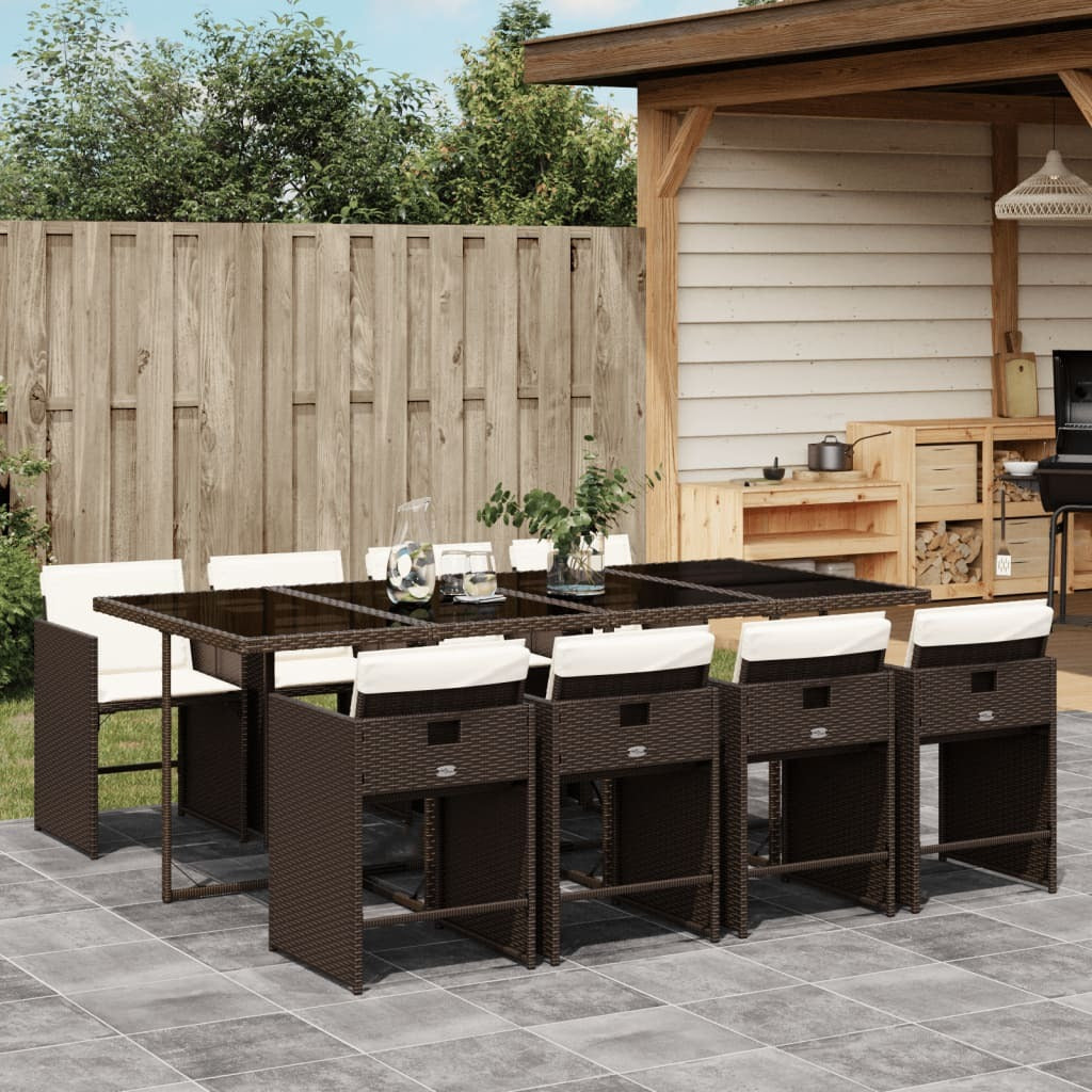 9 Piece Patio Dining Set with Cushions Brown Poly Rattan
