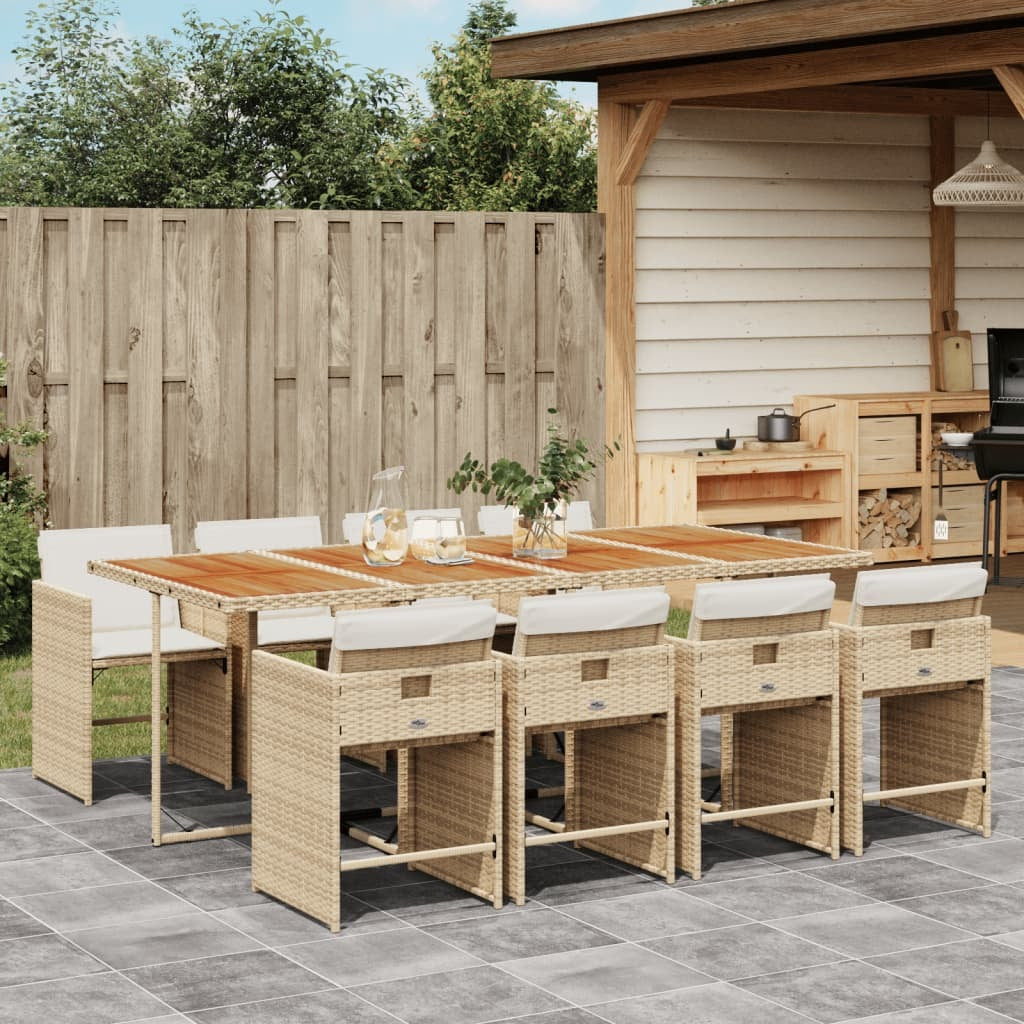 9 Piece Patio Dining Set with Cushions Beige Poly Rattan