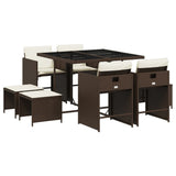9 Piece Patio Dining Set with Cushions Brown Poly Rattan