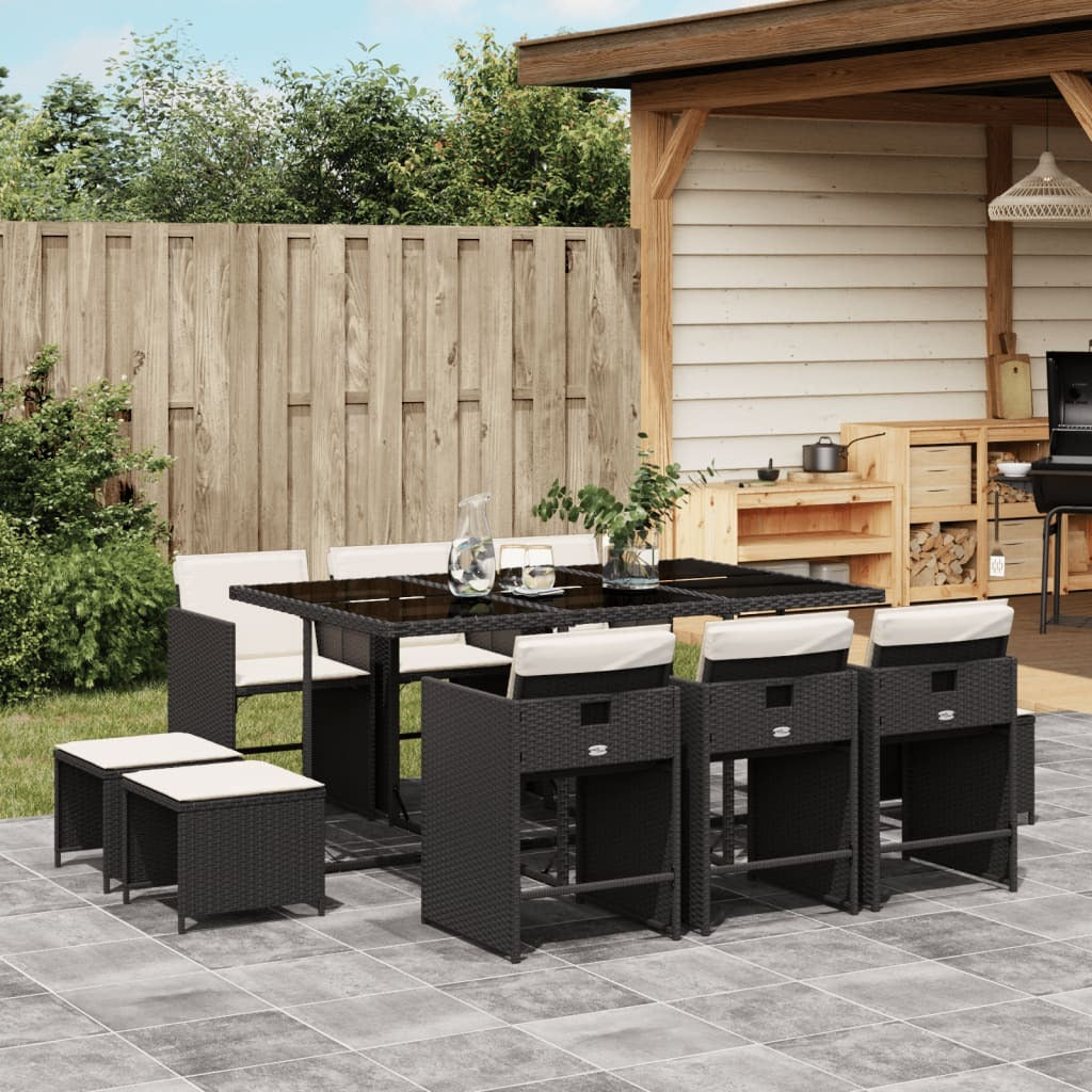 11 Piece Patio Dining Set with Cushions Black Poly Rattan