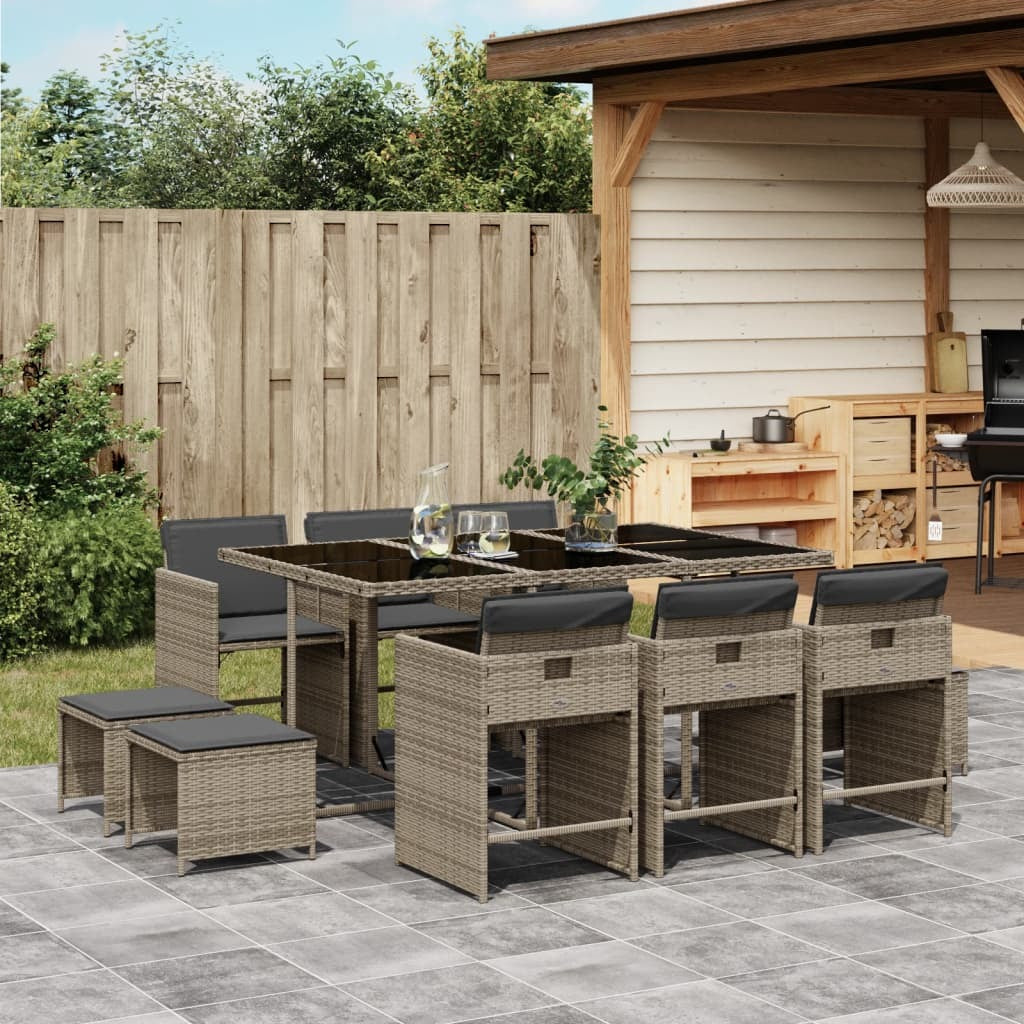 11 Piece Patio Dining Set with Cushions Gray Poly Rattan
