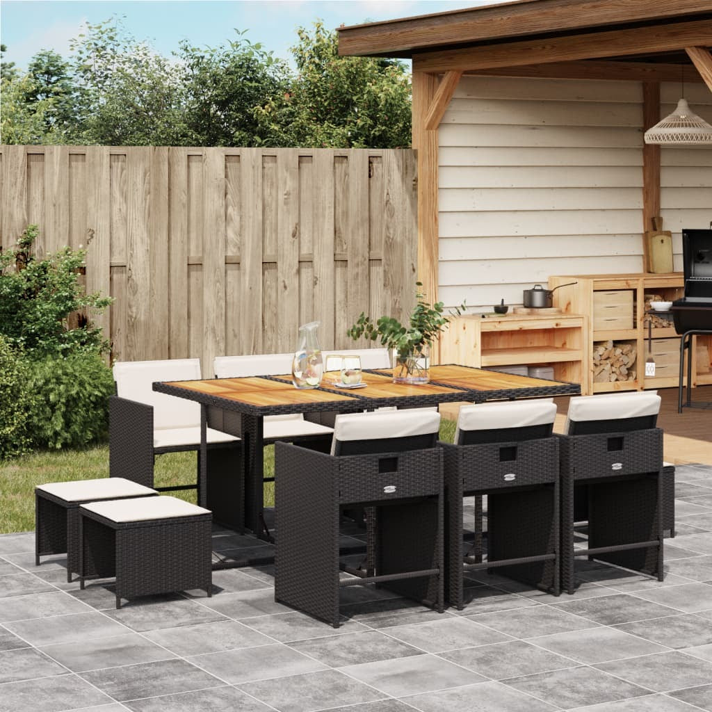 11 Piece Patio Dining Set with Cushions Black Poly Rattan