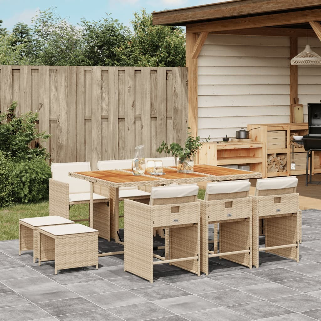 11 Piece Patio Dining Set with Cushions Beige Poly Rattan