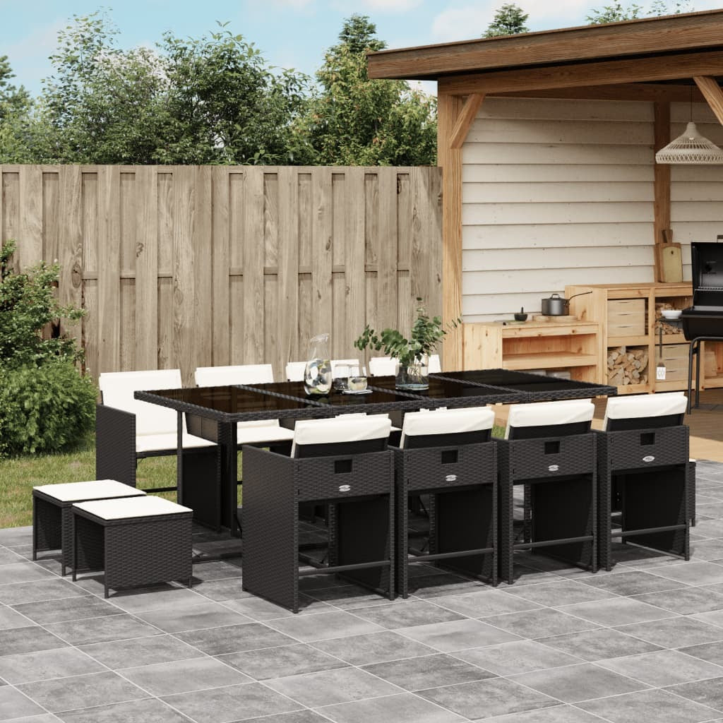 13 Piece Patio Dining Set with Cushions Black Poly Rattan