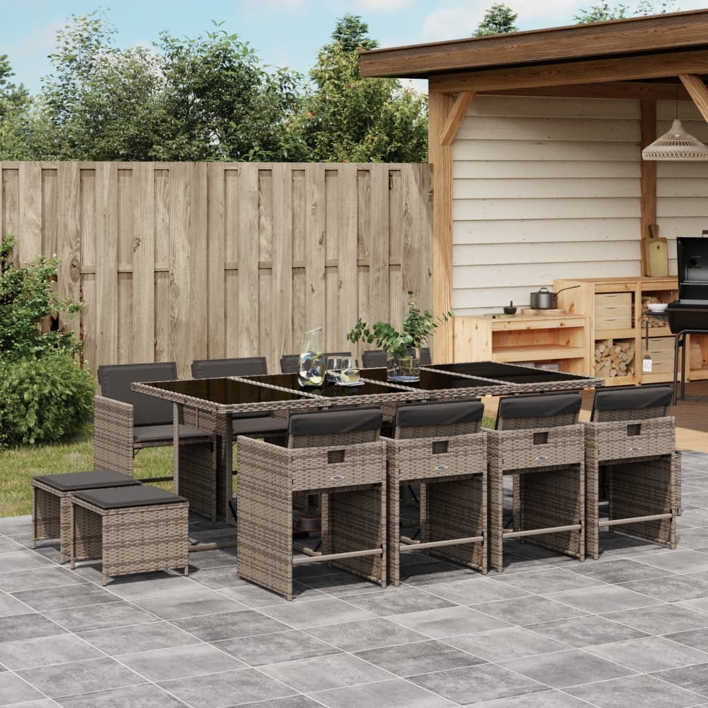 13 Piece Patio Dining Set with Cushions Gray Poly Rattan